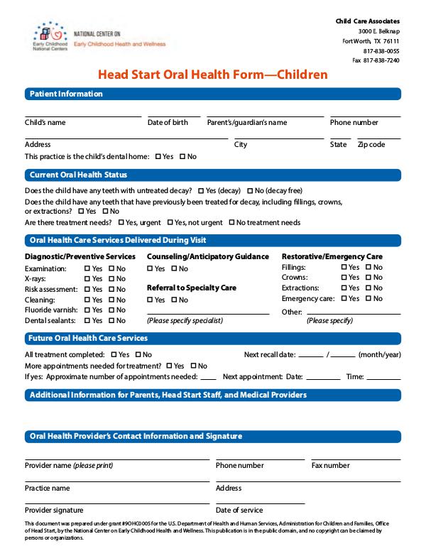 Child Care Associates oral-health-form-children