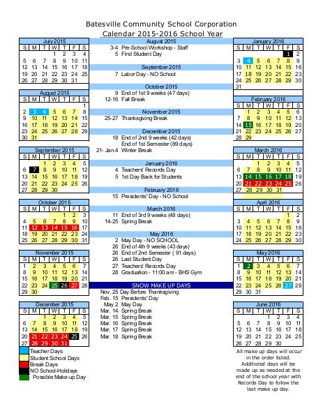 Batesville Community School Corporation Calendar Yearly Calendar