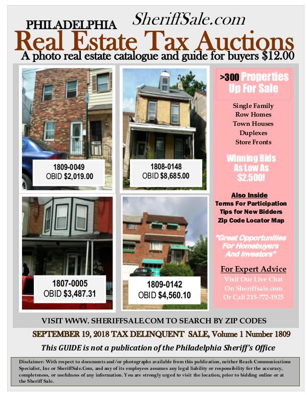September 19 Philadelphia Tax Auction Color Photo Guide SEPTEMBER 19, 2018 TAX DELINQUENT  SALE, Volume 1(