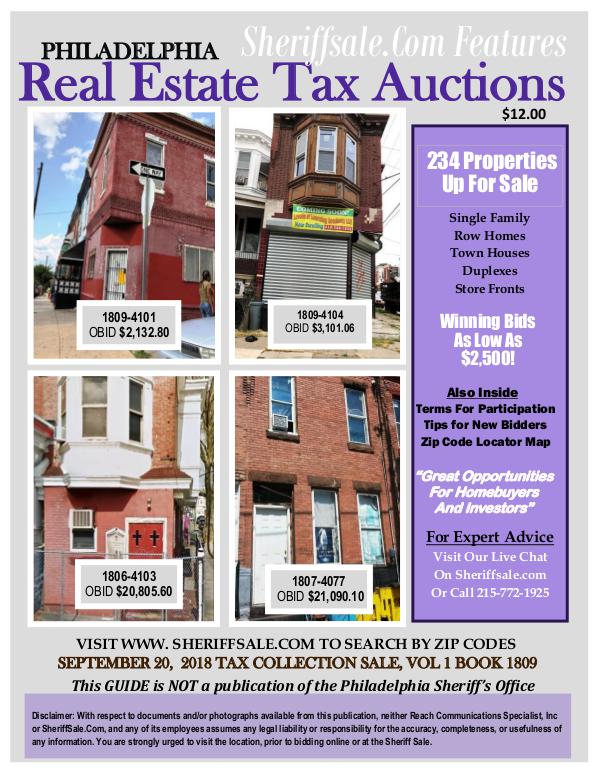 September 20 Philadelphia Tax Auction Color Photo Guide SEPTEMBER 20,  2018 TAX COLLECTION SALE, VOL 1 BOO