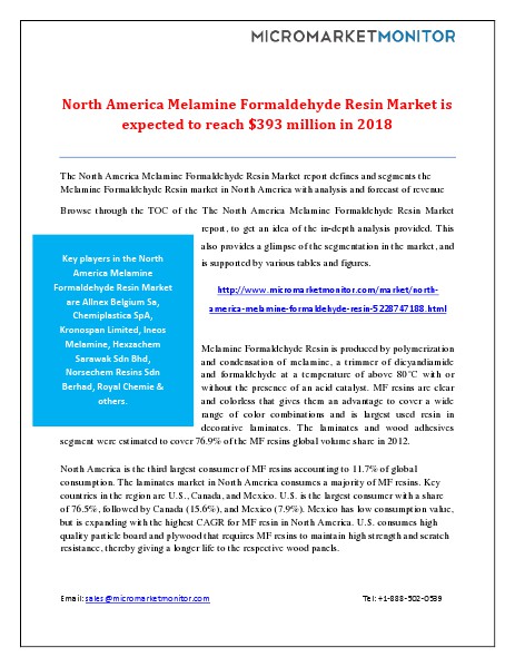 North America Melamine Formaldehyde Resin Market Forecast 2018 January 7, 2015
