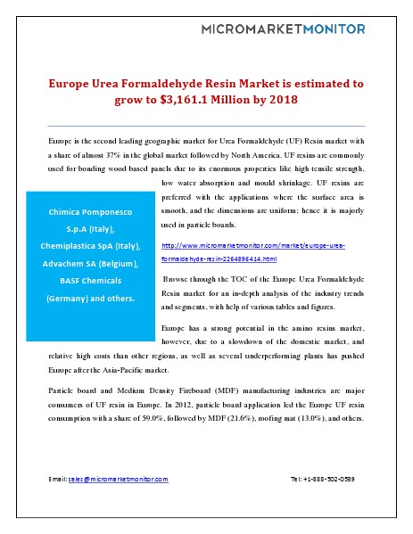 Europe Urea Formaldehyde Resin Market is Estimated to Grow to $3,161. December 9, 2014