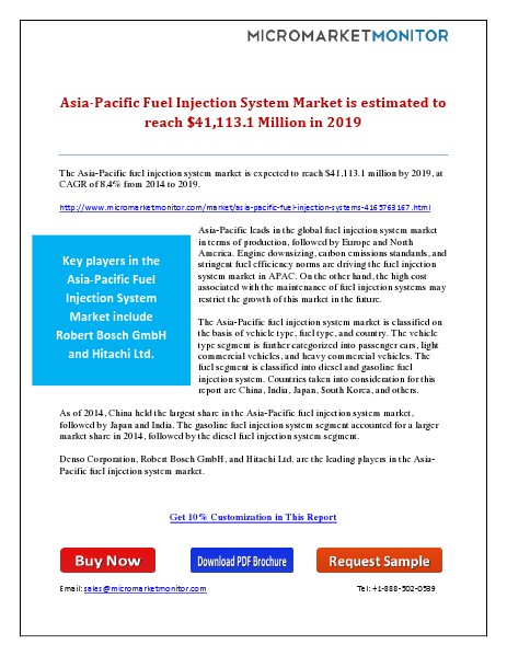 Asia-Pacific Fuel Injection System Market is Estimated to Reach $41,1 7th May 15