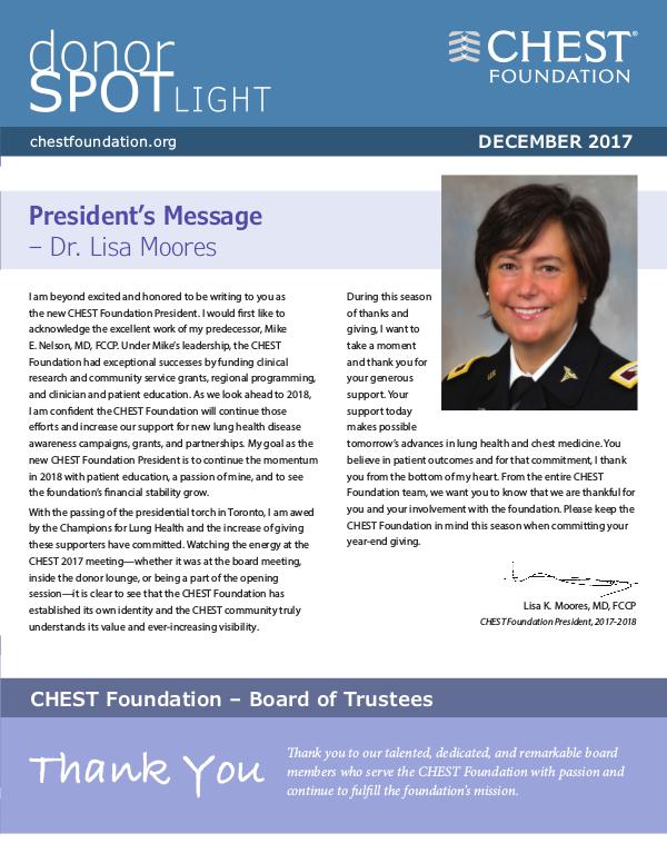 CHEST Foundation Donor Spotlight December 2017