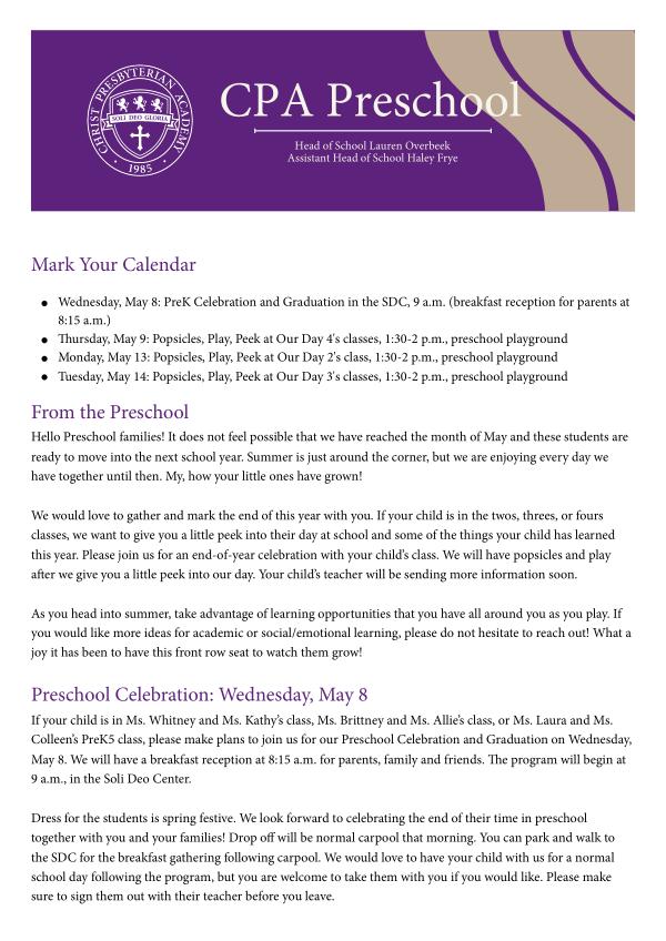 Preschool Newsletter May 2024 Preschool Newsletter May 2024