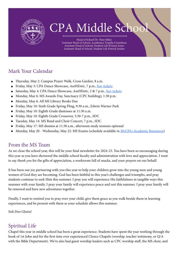Middle School Newsletter May 2024 Middle School Newsletter May 2024