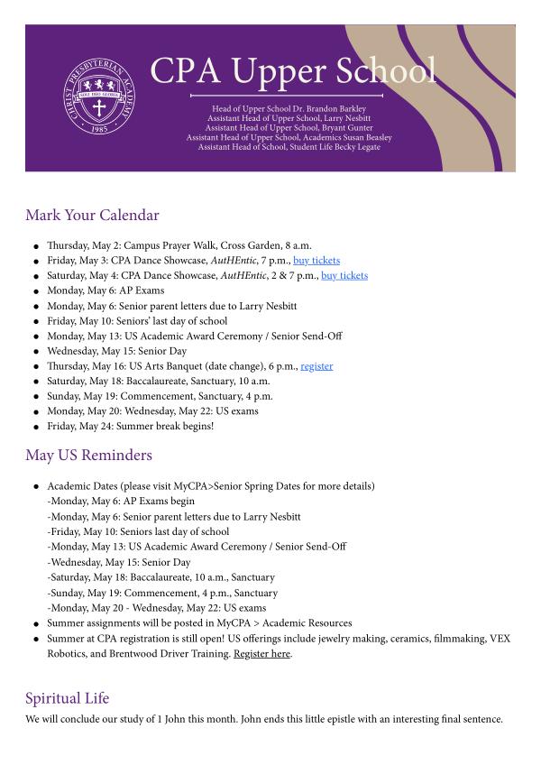 Upper School Newsletter May 2024