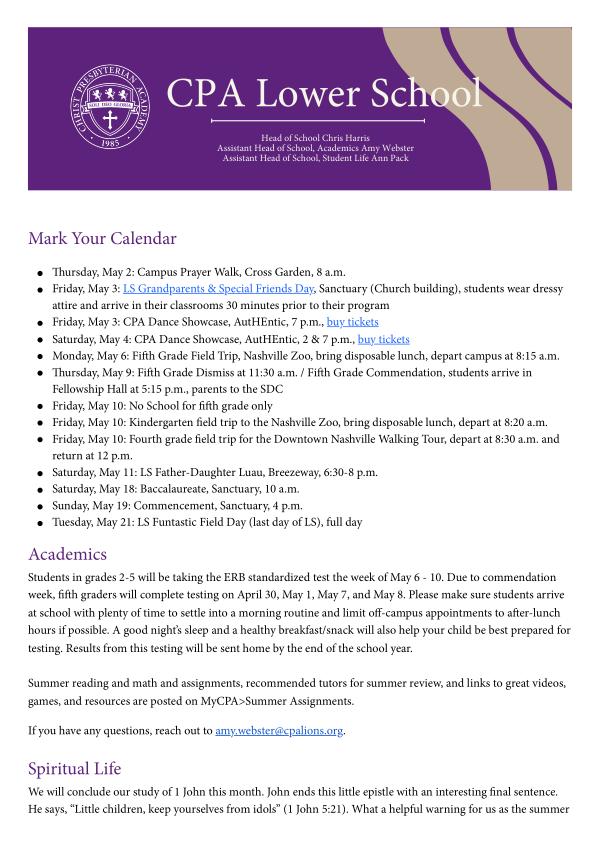 Lower School Newsletter May 2024 Lower School Newsletter May 2024