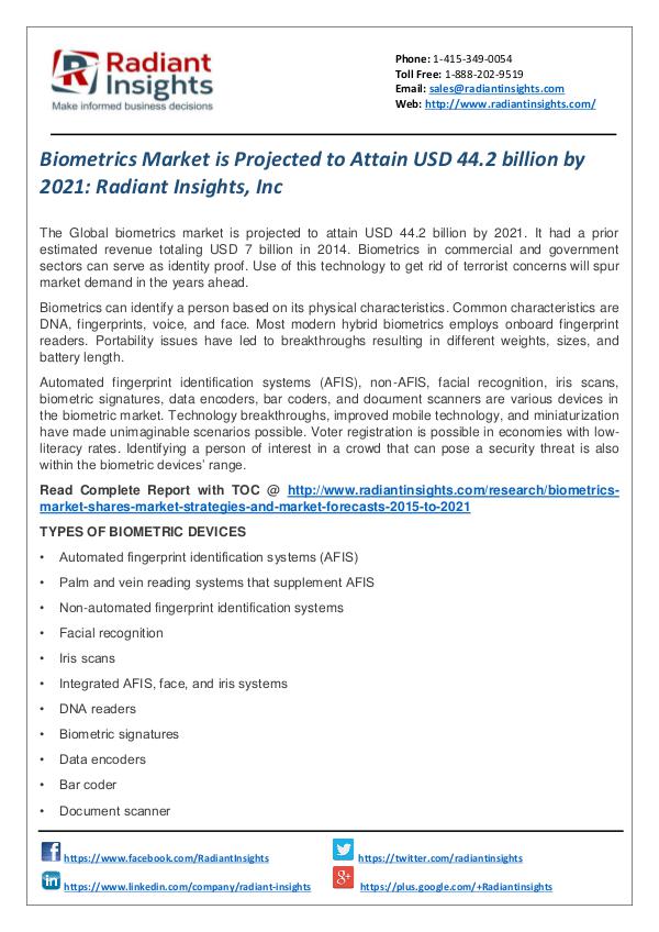 Biometrics Market is Projected to Attain USD 44.2 Billion by 2021 Biometrics Market 2021