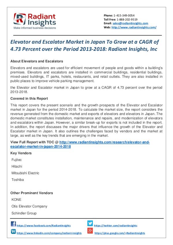 Elevator and Escalator Market in Japan to Grow at a CAGR of 4.73 Elevator and Escalator Market 2013-2018