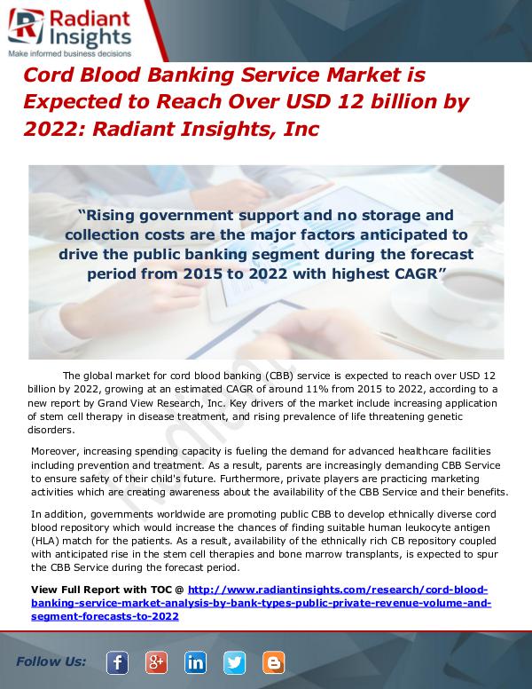 Cord Blood Banking Service Market is Expected to Reach Over USD 12 Cord Blood Banking Service Market 2022