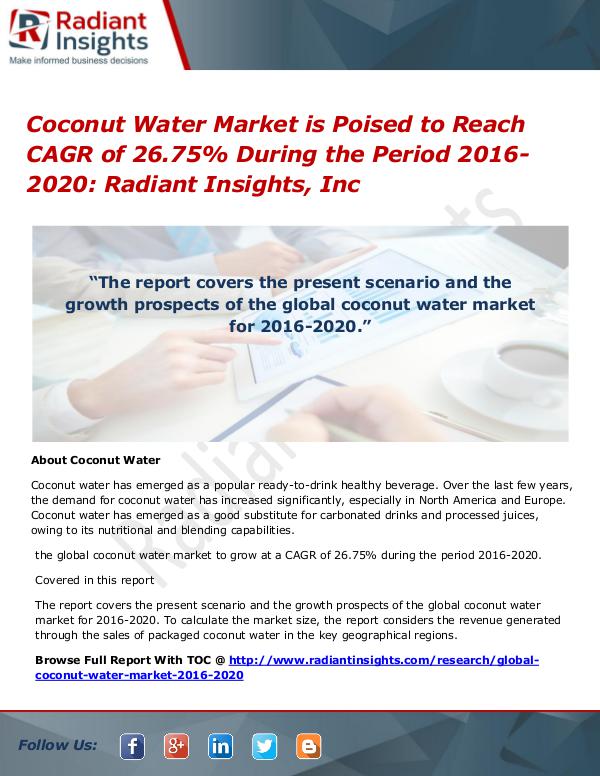 Coconut Water Market is Poised to Reach CAGR of 26.75% Coconut Water Market 2016-2020