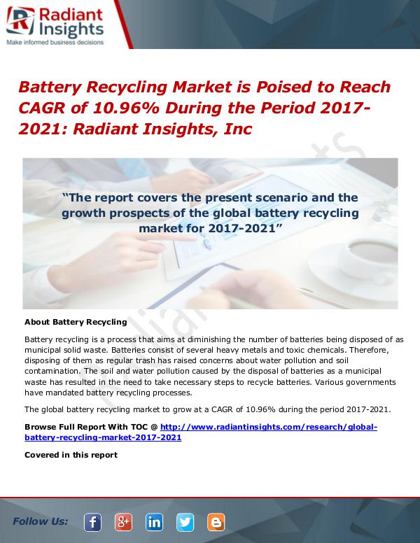 Battery Recycling Market is Poised to Reach CAGR of 10.96% Battery Recycling Market 2017-2021