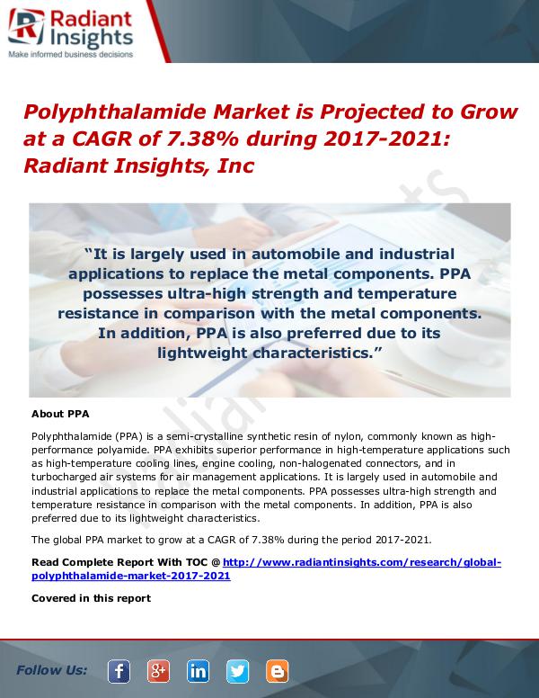 Polyphthalamide Market is Projected to Grow at a CAGR of 7.38% Polyphthalamide Market 2017-2021
