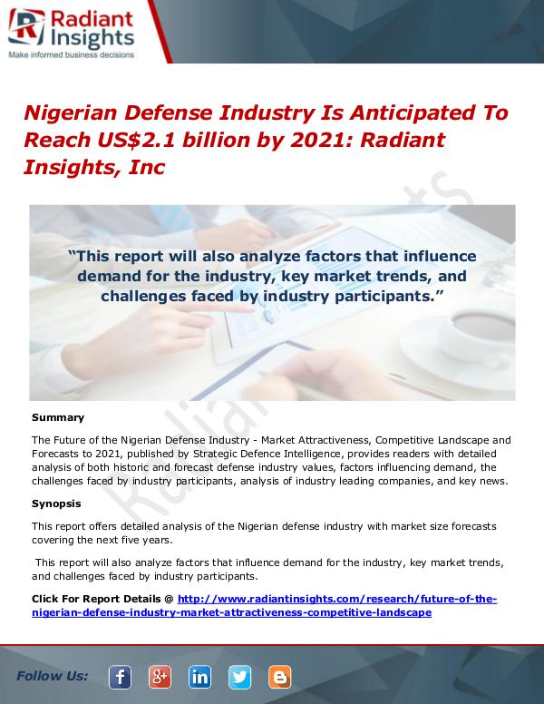 Nigerian Defense Industry Is Anticipated To Reach US$2.1 billion by Nigerian Defense Industry 2021