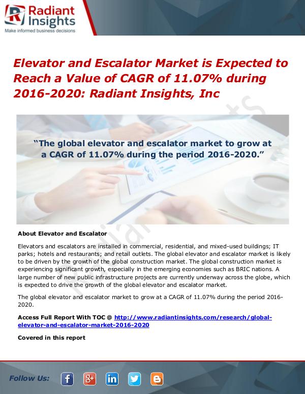 Elevator and Escalator Market is Expected to Reach a Value of CAGR Elevator and Escalator Market 2016-2020