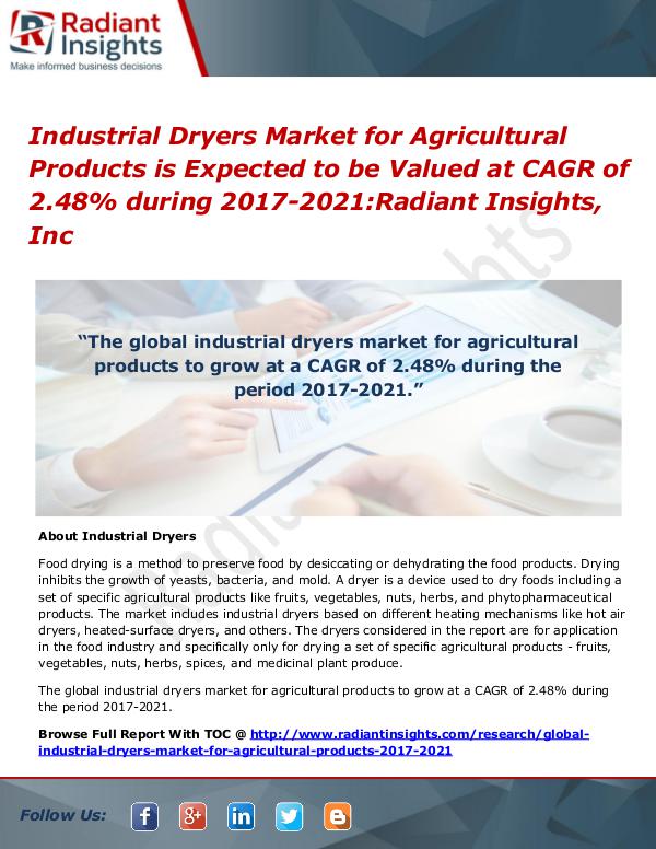 Industrial Dryers Market for Agricultural Products is Expected to Be Industrial Dryers Market 2017-2021
