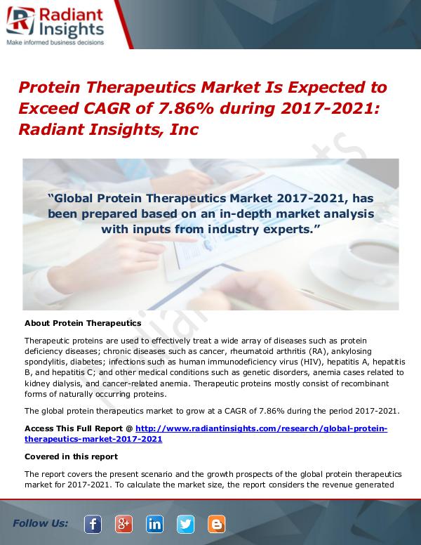 Protein Therapeutics Market is Expected to Exceed CAGR of 7.86% Durin Protein Therapeutics Market 2017-2021