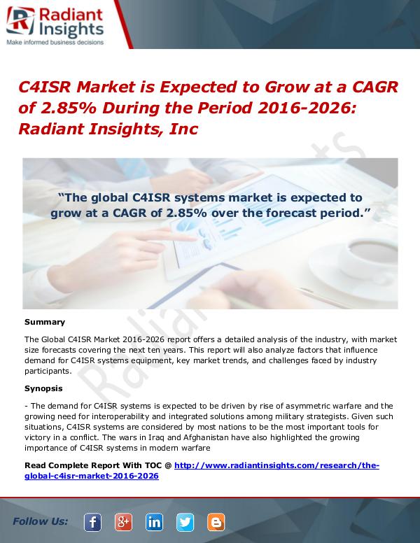 C4ISR Market is Expected to Grow at a CAGR of 2.85% During the Period C4ISR Market 2016-2026