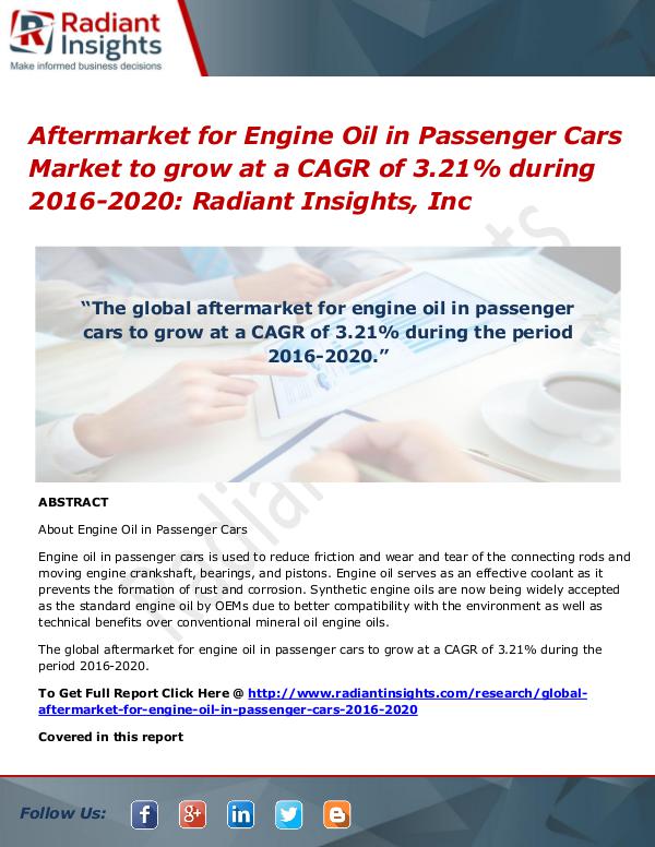 Aftermarket for Engine Oil in Passenger Cars Market to Grow at a Aftermarket for Engine Oil in Passenger Cars Marke