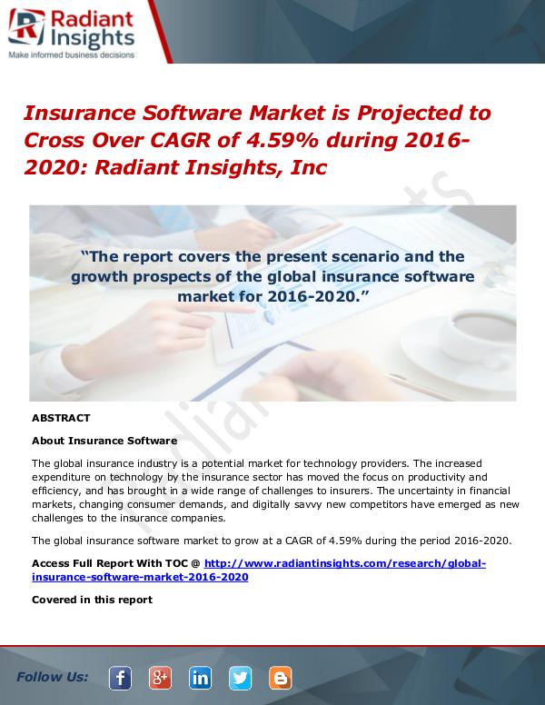 Insurance Software Market is Projected to Cross Over CAGR of 4.59% Insurance Software Market 2016-2020