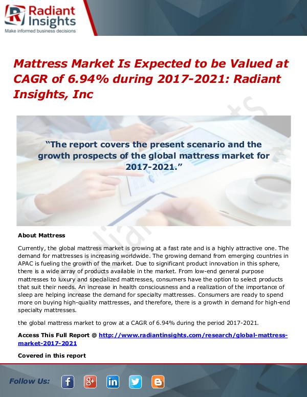 Mattress Market is Expected to Be Valued at CAGR of 6.94% During 2017 Mattress Market 2017-2021
