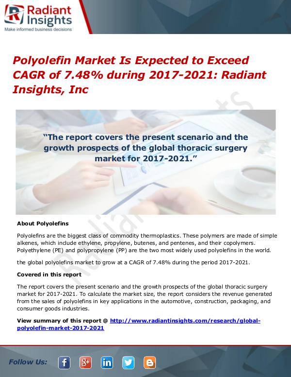 Polyolefin Market is Expected to Exceed CAGR of 7.48% During2017-2021 Polyolefin Market 2017 - 2021