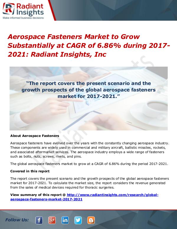 Aerospace Fasteners Market to Grow Substantially at CAGR of 6.86% Aerospace Fasteners Market 2017-2021