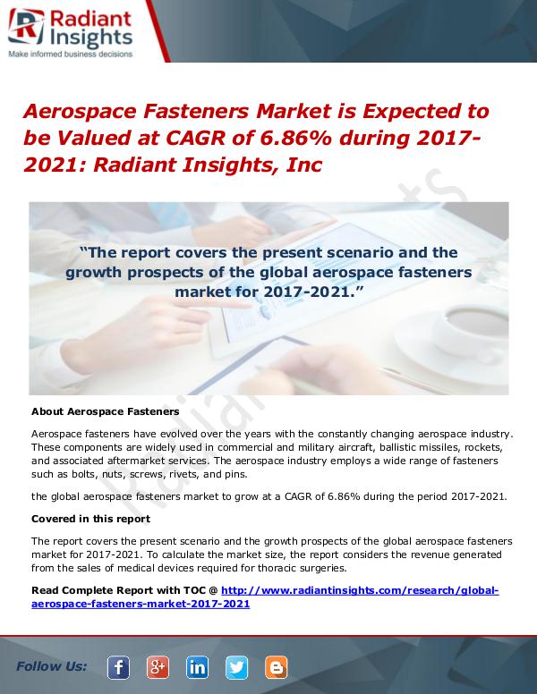 Aerospace Fasteners Market is Expected to Be Valued at CAGR of 6.86% Aerospace Fasteners Market 2017-2021