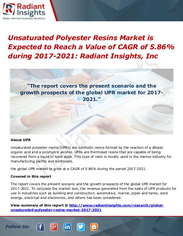 Unsaturated Polyester Resins Market is Expected to Reach a Value of Unsaturated Polyester Resins Market 2017-2021