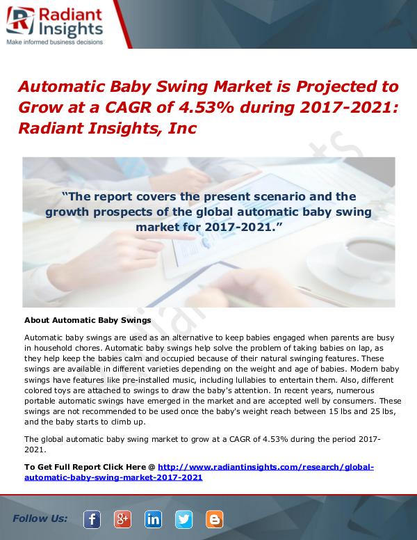 Automatic Baby Swing Market is Projected to Grow at a CAGR of 4.53% Automatic Baby Swing Market 2017-2021