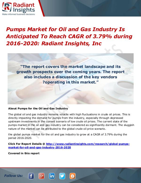 Pumps Market for Oil and Gas Industry is Anticipated to Reach CAGR of Pumps Market for Oil and Gas Industry 2016-2020