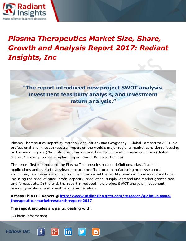Plasma Therapeutics Market Size, Share, and Analysis Report 2017 Plasma Therapeutics Market 2017