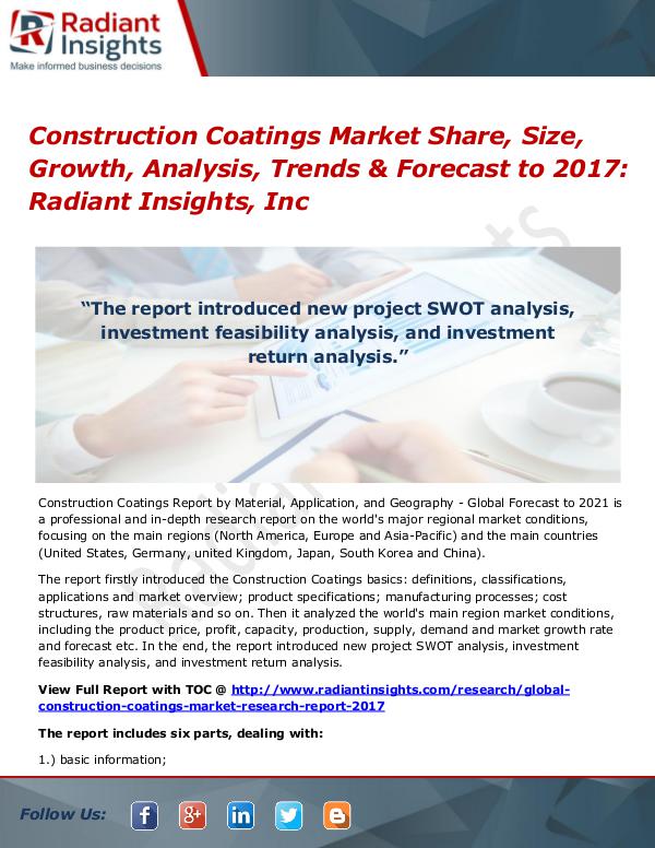 Construction Coatings Market Share, Size, Growth, Analysis 2017 Construction Coatings Market Share, Size 2017