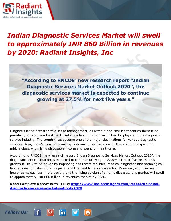 Indian Diagnostic Services Market Will Swell to Approximately INR 860 Indian Diagnostic Services Market 2020
