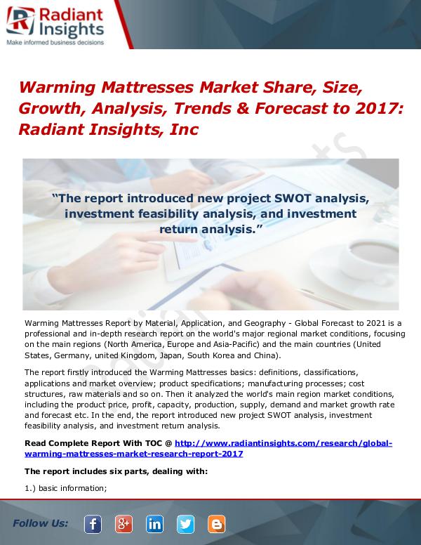 Warming Mattresses Market Share, Size, Growth, Analysis, Trends 2017 Warming Mattresses Market Share, Size, Growth 2017