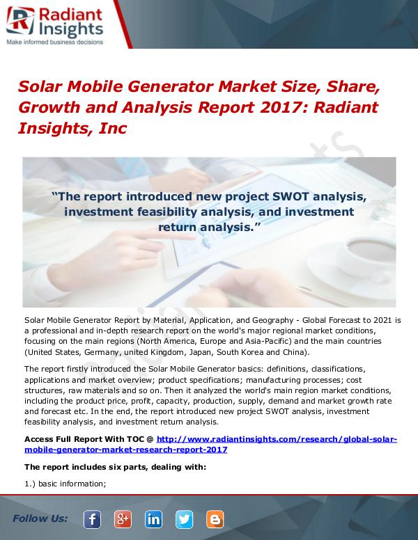 Solar Mobile Generator Market Size, Share, Growth 2017 Solar Mobile Generator Market Size, Share 2017