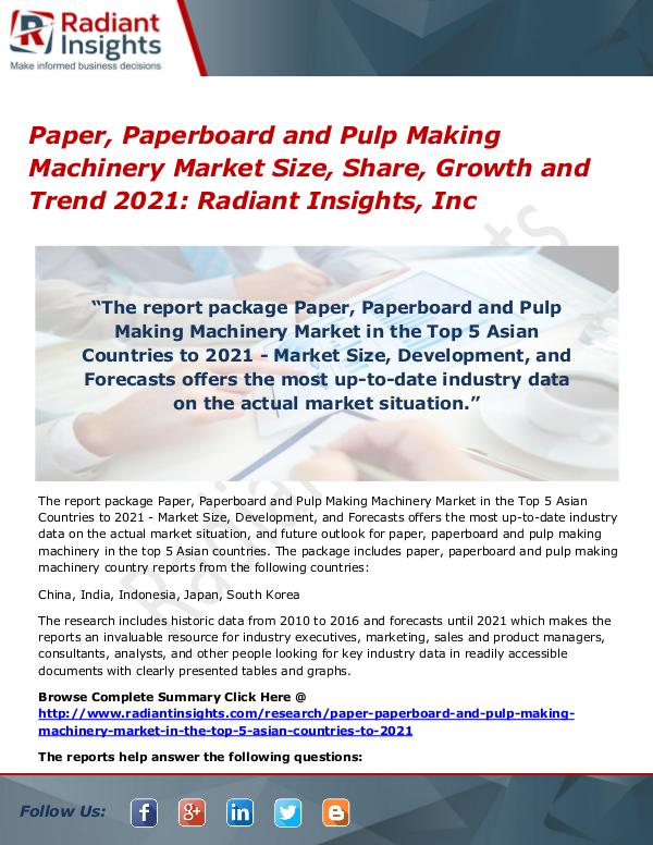 Paper, Paperboard and Pulp Making Machinery Market Size, Share 2017 Paper, Paperboard and Pulp Making Machinery Market