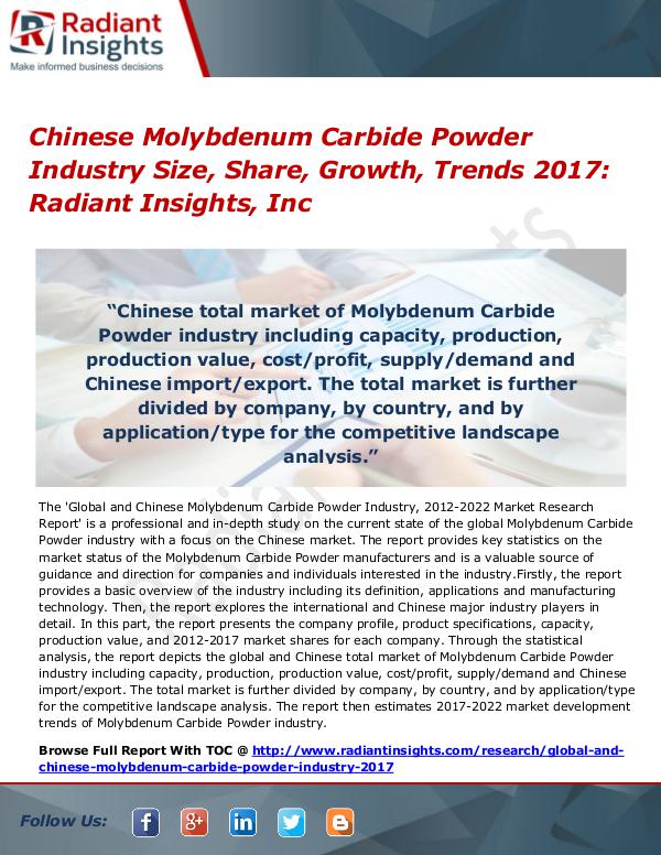 Chinese Molybdenum Carbide Powder Industry Size, Share, Growth 2017 Chinese Molybdenum Carbide Powder Industry 2017