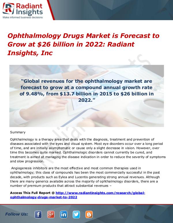 Ophthalmology Drugs Market is Forecast to Grow at $26 billion in 2022 Ophthalmology Drugs Market is Forecast to 2022