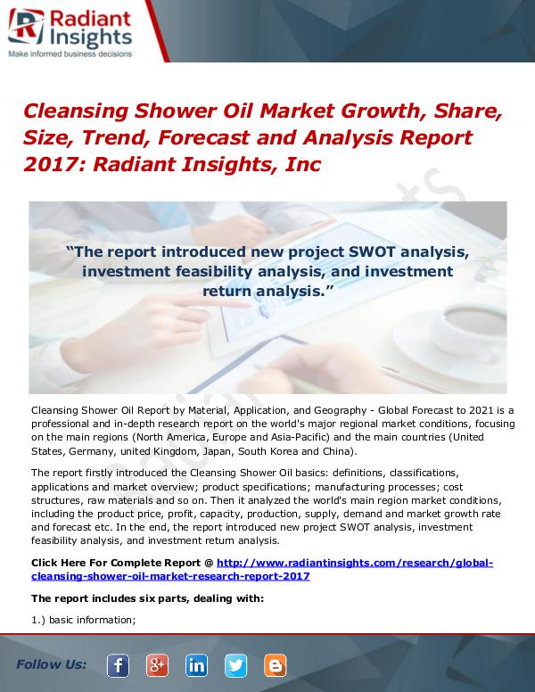 Cleansing Shower Oil Market Growth, Share, Size, Trend, Forecast 2017 Cleansing Shower Oil Market Growth, Share 2017
