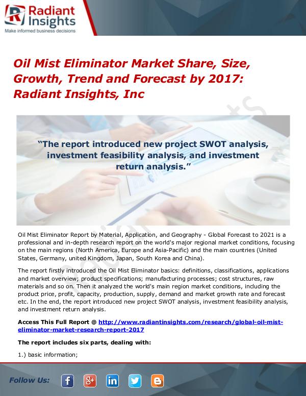 Oil Mist Eliminator Market Share, Size, Growth, Trend 2017 Oil Mist Eliminator Market Share, Size, Growth2017