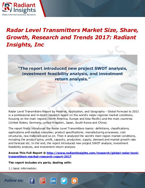 Radar Level Transmitters Market Size, Share, Growth, Research 2017 Radar Level Transmitters Market Size, Share 2017