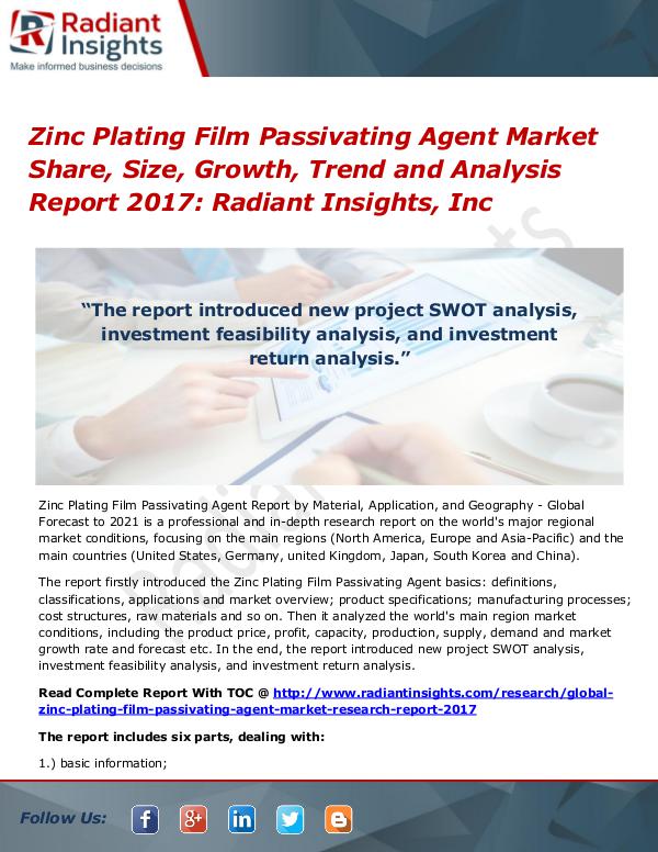 Zinc Plating Film Passivating Agent Market Share, Size, Growth 2017 Zinc Plating Film Passivating Agent Market 2017