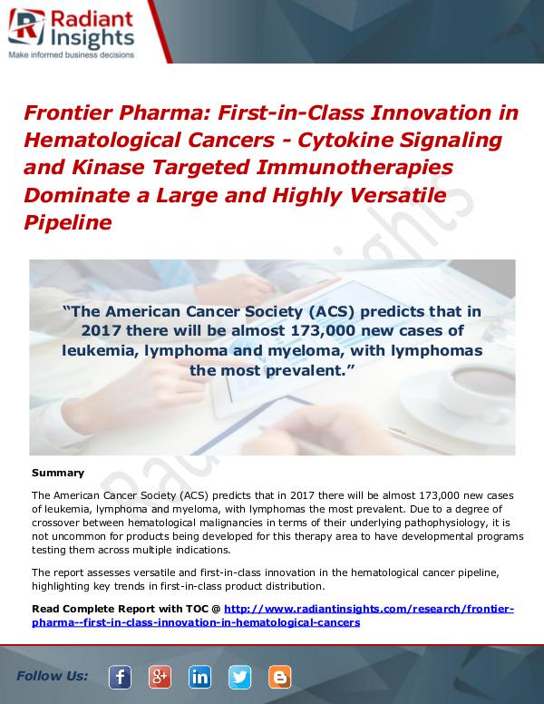 Frontier Pharma First-In-Class Innovation in Hematological Cancers First-in-Class Innovation in Hematological Cancers