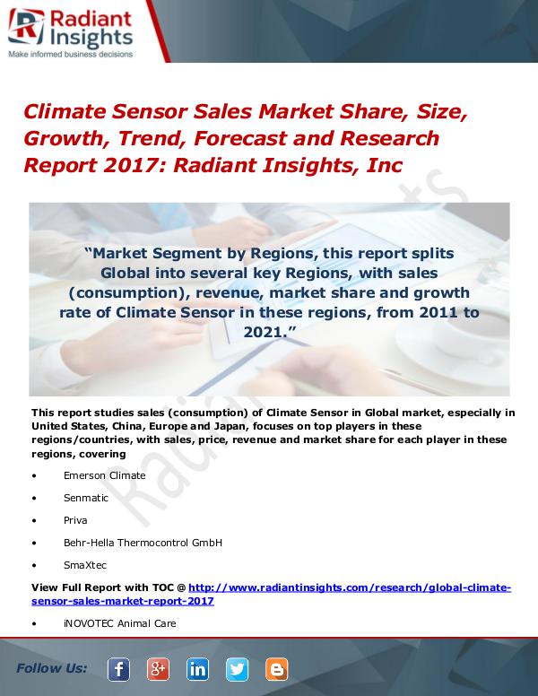 Climate Sensor Sales Market Share, Size, Growth, Trend, Forecast 2017 Climate Sensor Sales Market Share, Size 2017