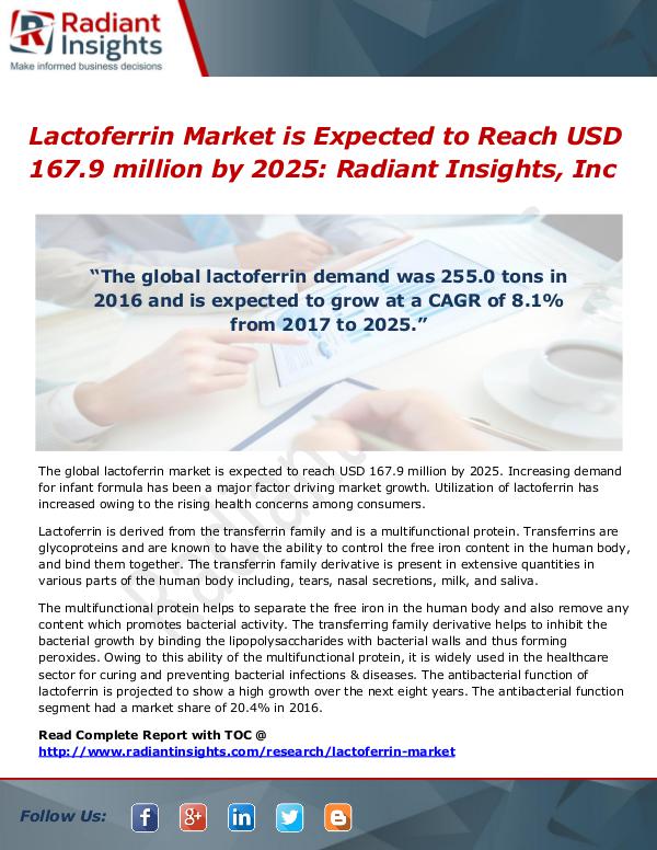 Lactoferrin Market is Expected to Reach USD 167.9 million by 2025 Lactoferrin Market is Expected to Reach USD 167.9