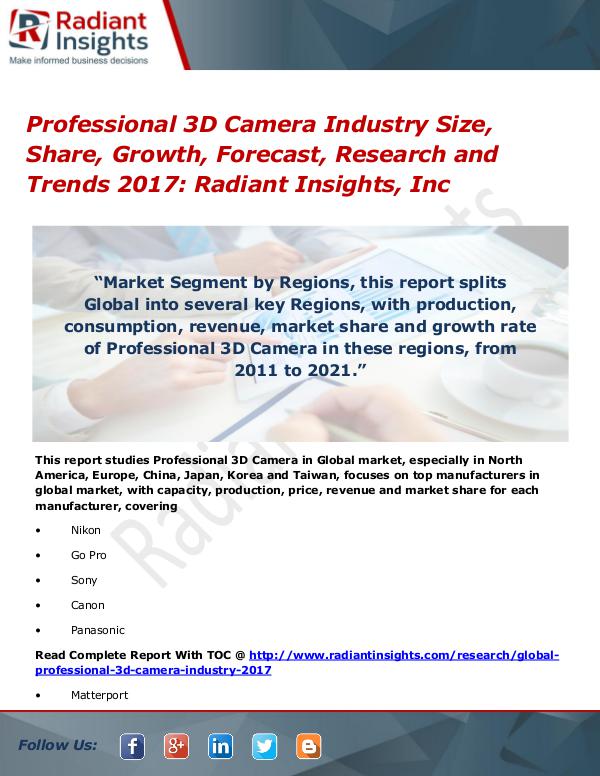 Professional 3D Camera Industry Size, Share, Growth, Forecast 2017 Professional 3D Camera Industry Size, Share 2017