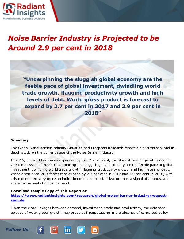 Noise Barrier Industry is Projected to be Around 2.9 per cent in 2018 Noise Barrier Industry is Projected to be Around 2