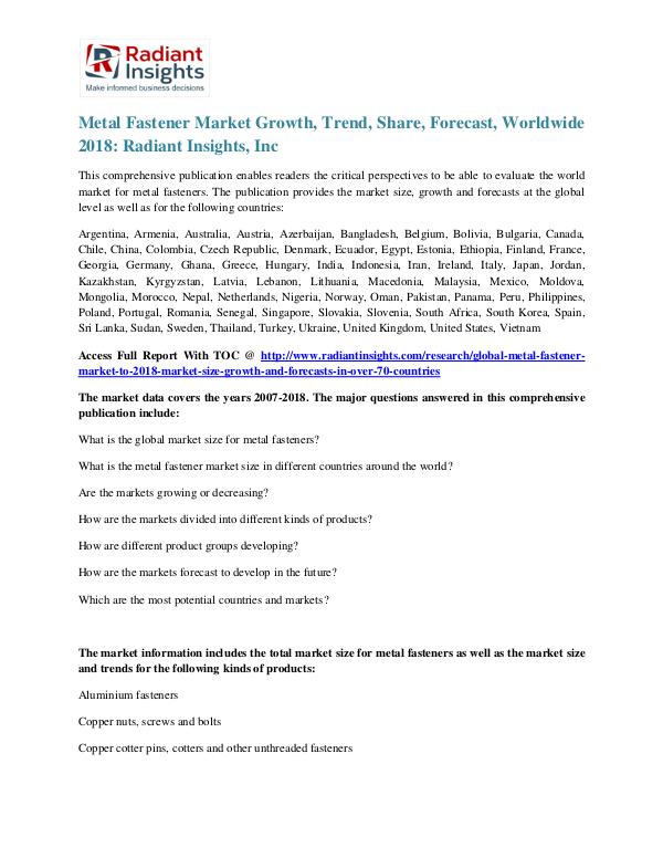 Metal Fastener Market Growth, Trend,Share, Forecast, Worldwide 2018 Metal Fastener Market 2018